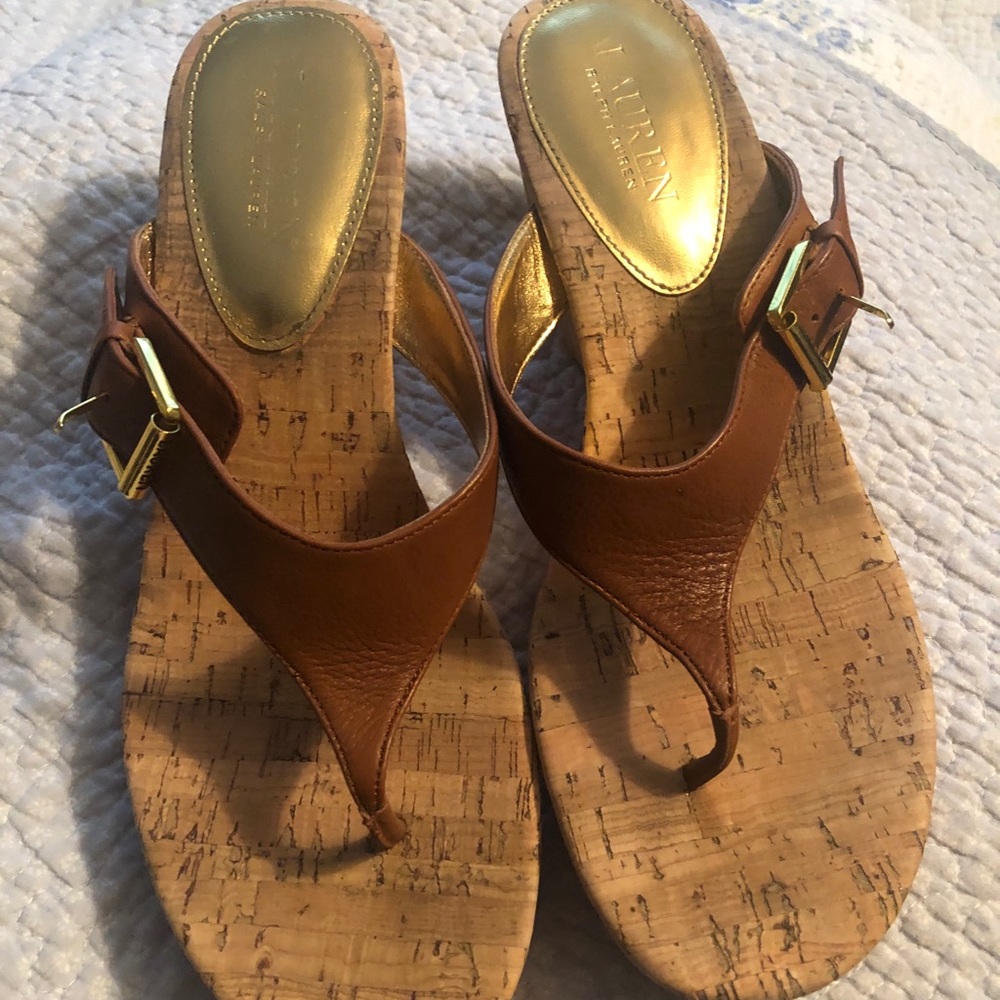 RalphLauren brown leather buckle cork wedge sandal